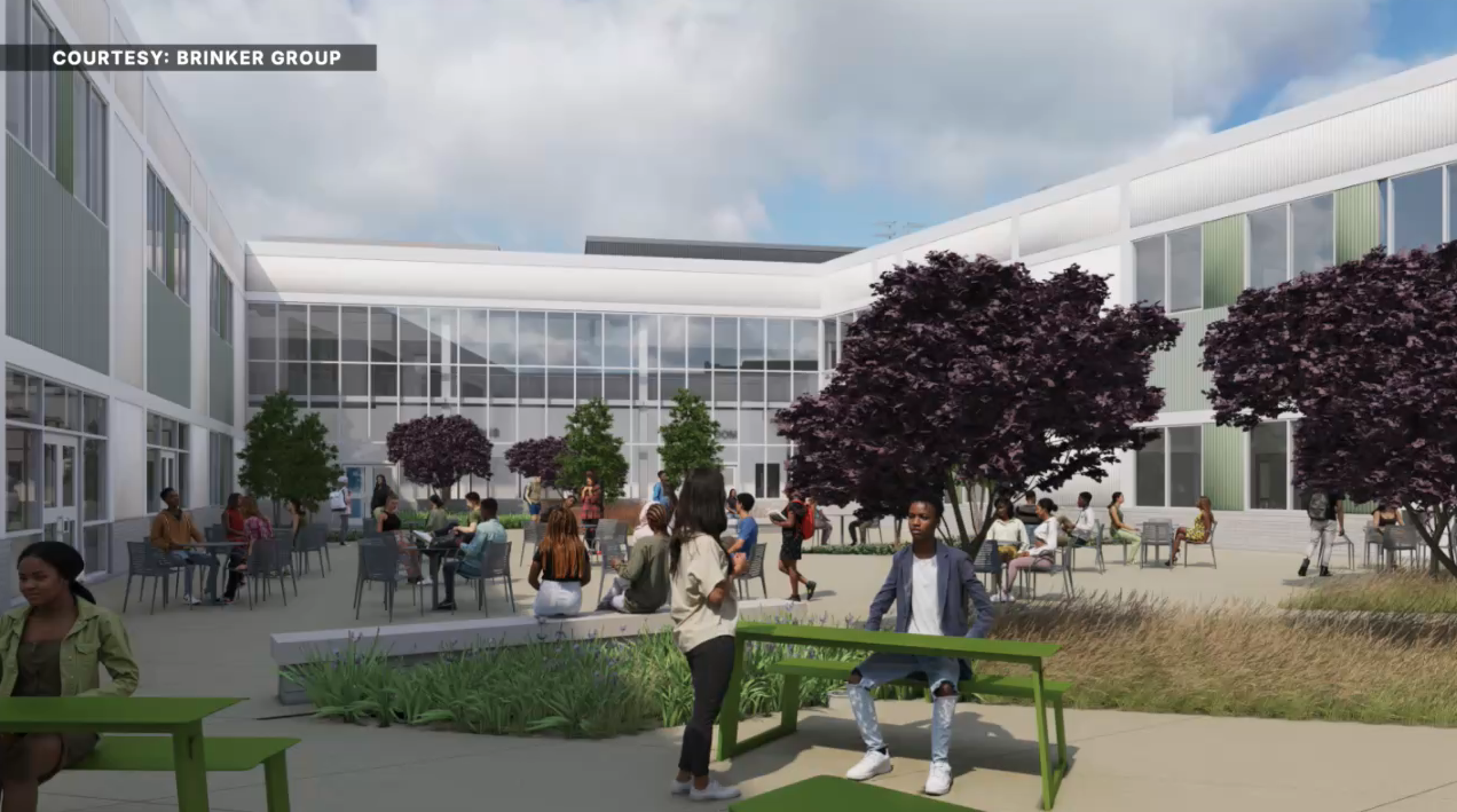 Rendering of students gathering in the new Cody High School courtyard