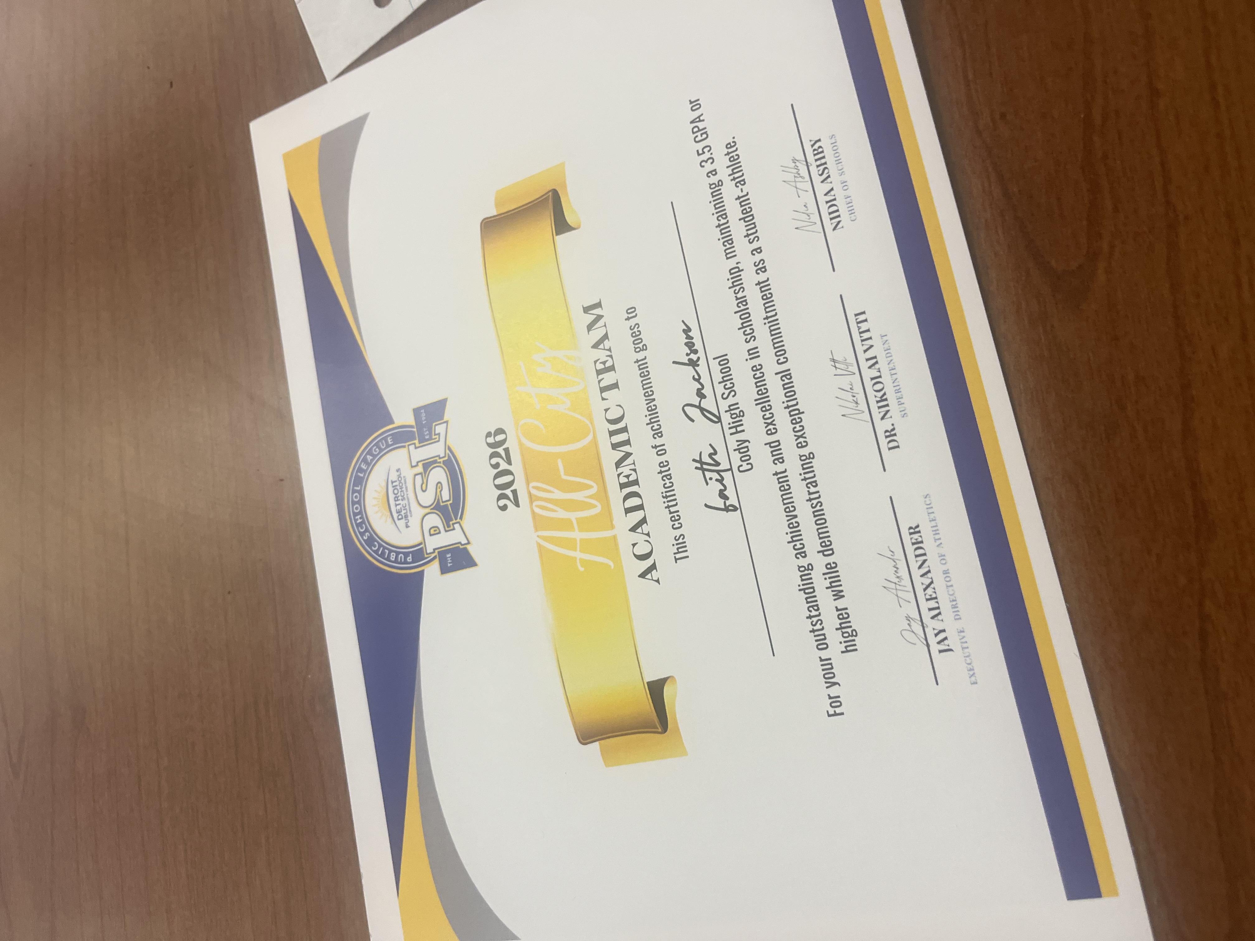 Cody High School All-City Academic Team certificate of achievement