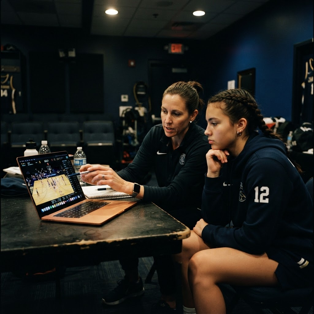 A coach reviewing game footage with a player