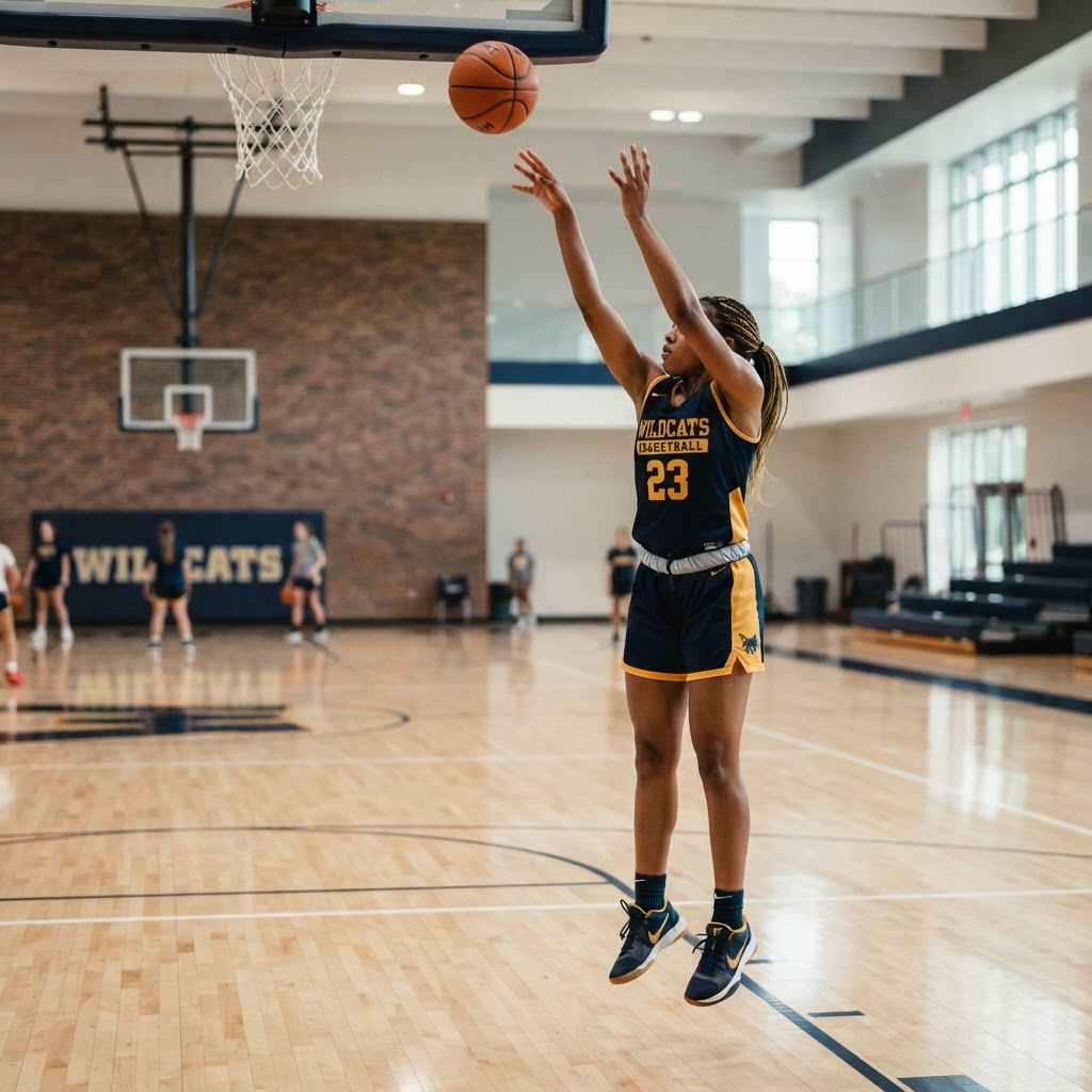 A young basketball player practicing a jump shot